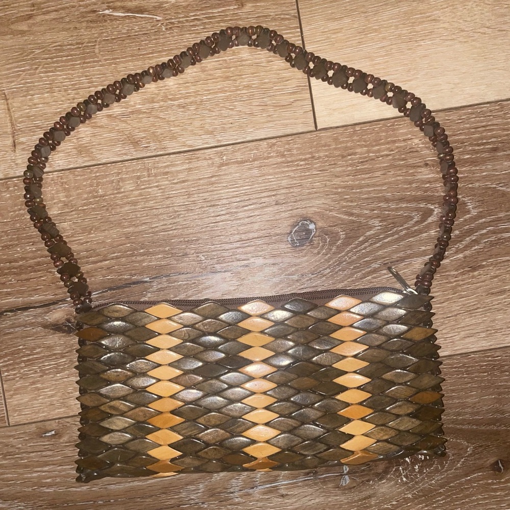 Vintage Lacquered Diamond Shape Wood Hand Bag with Wood Beaded Strap